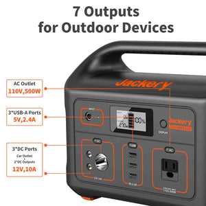 Jackery Explorer 500 power station has 7 outputs for outdoor devices.